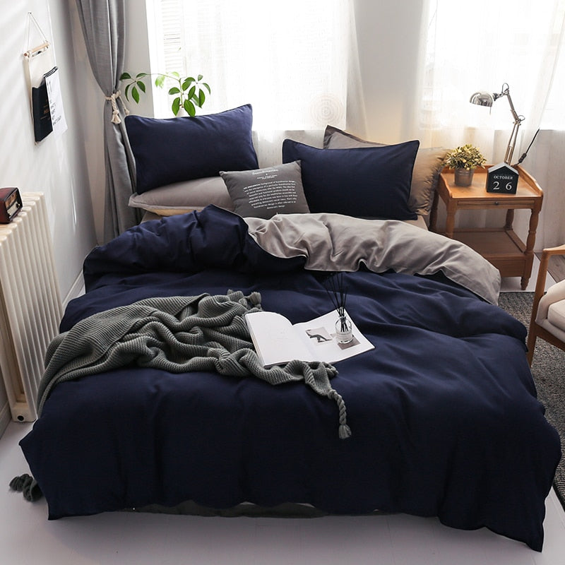 Juego De Cama Reversible Azul Oscuro Y Gris