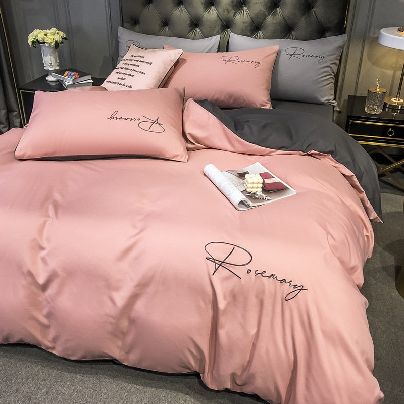 Juego De Ropa De Cama Liso Con Texto Bordado En Rosa Y Negro