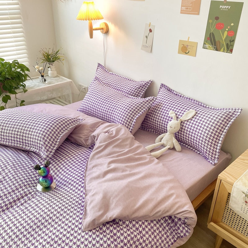 Juego De Cama De Pata De Gallo Morado Y Blanco
