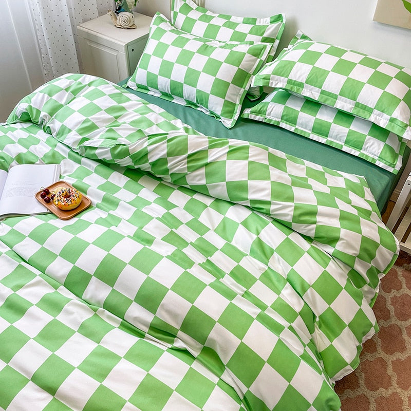 Juego De Cama A Cuadros Blanco Y Verde
