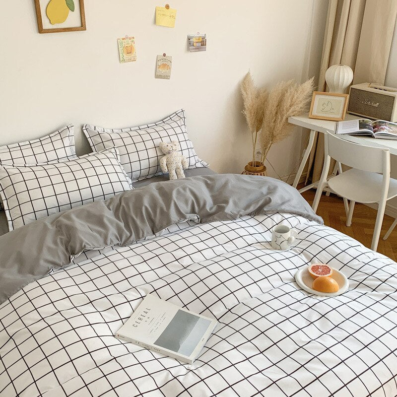 Juego De Cama A Cuadros Blanco Y Gris