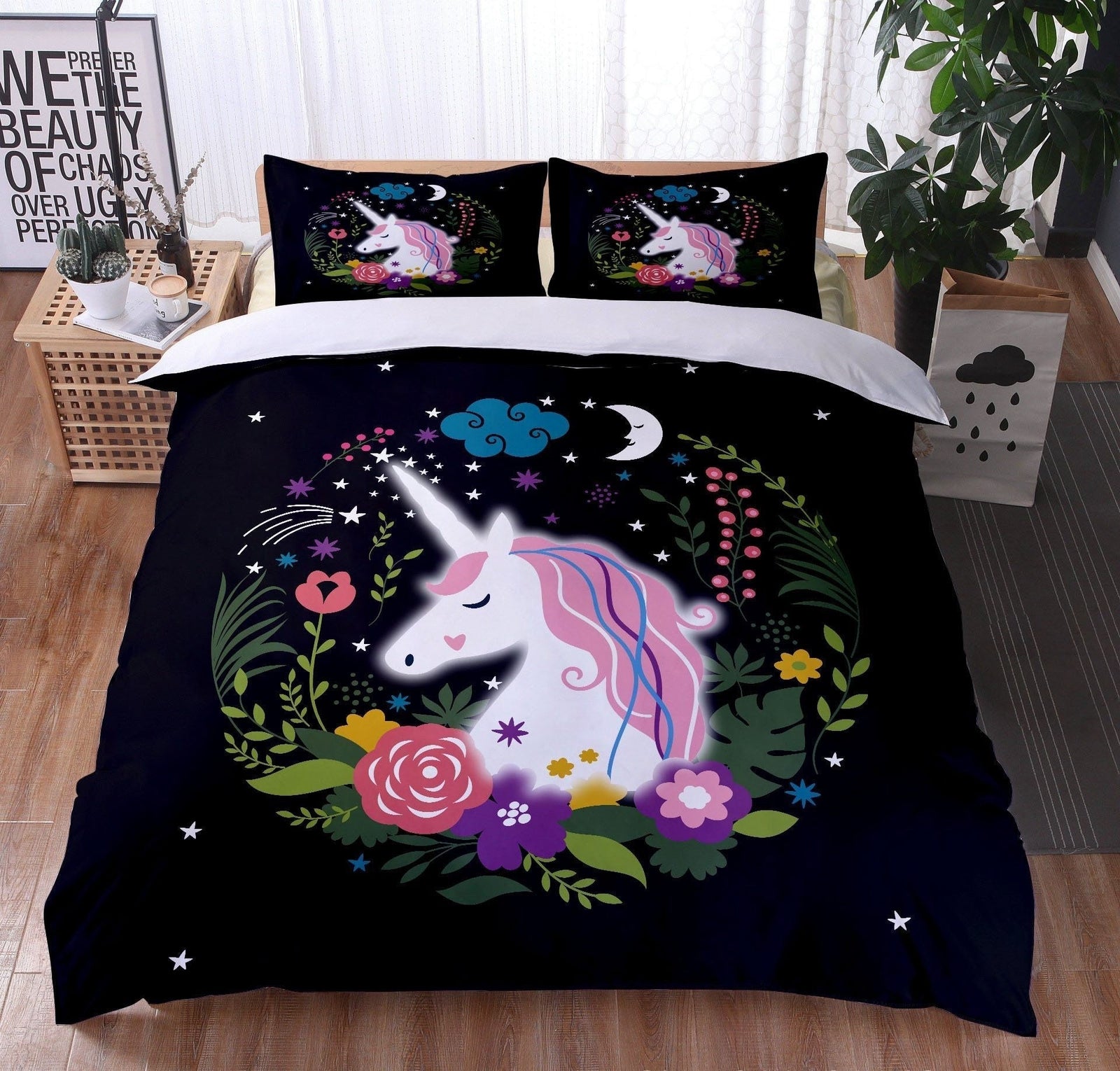 Flor Unicornio Negro Funda Nórdica