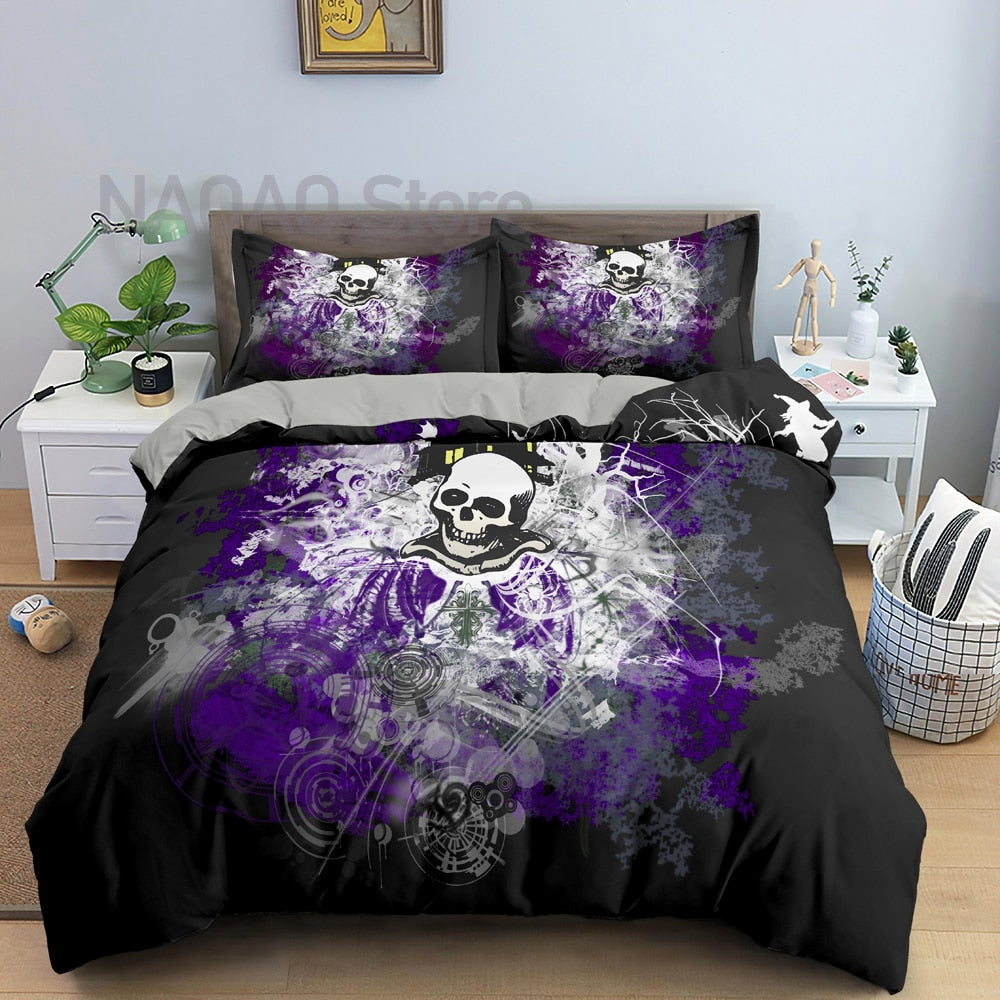 Juego De Cama Calavera Negra Y Morada