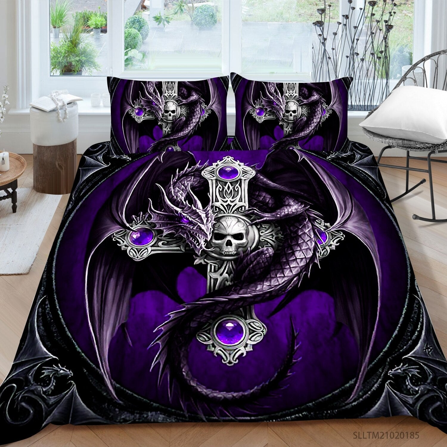 Juego De Cama De Dragón Y Calavera Morada